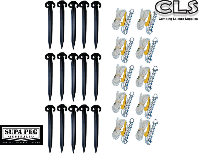 Pack of 15 x 300mm Black Camping Pegs with 10 x Single Guy Ropes