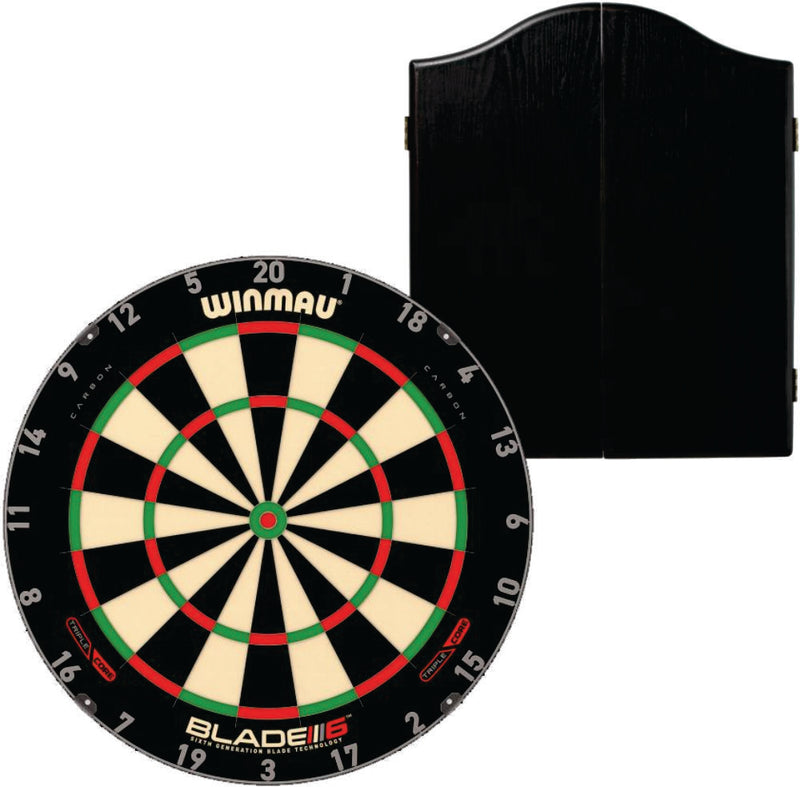 Winmau Blade 6 Triple Core Dartboard plus Winmau Cabinet plus 6 Darts - Choose Cabinet
