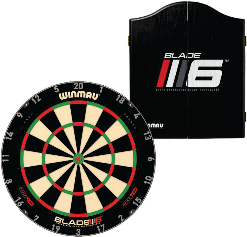 Winmau Blade 6 Triple Core Dartboard plus Winmau Cabinet plus 6 Darts - Choose Cabinet