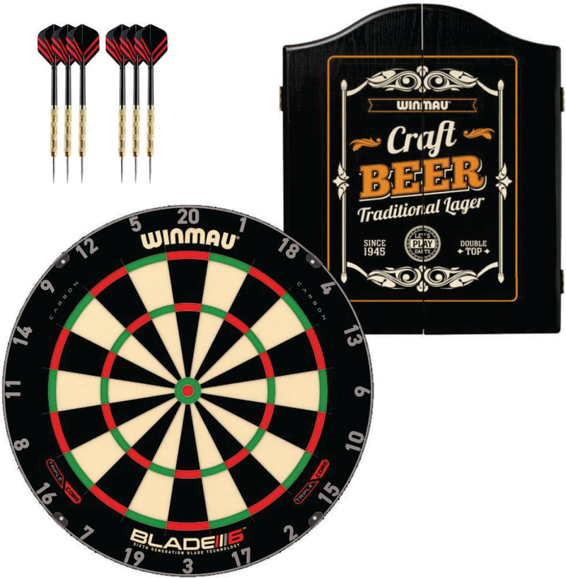 Winmau Blade 6 Triple Core Dartboard plus Winmau Cabinet plus 6 Darts - Choose Cabinet