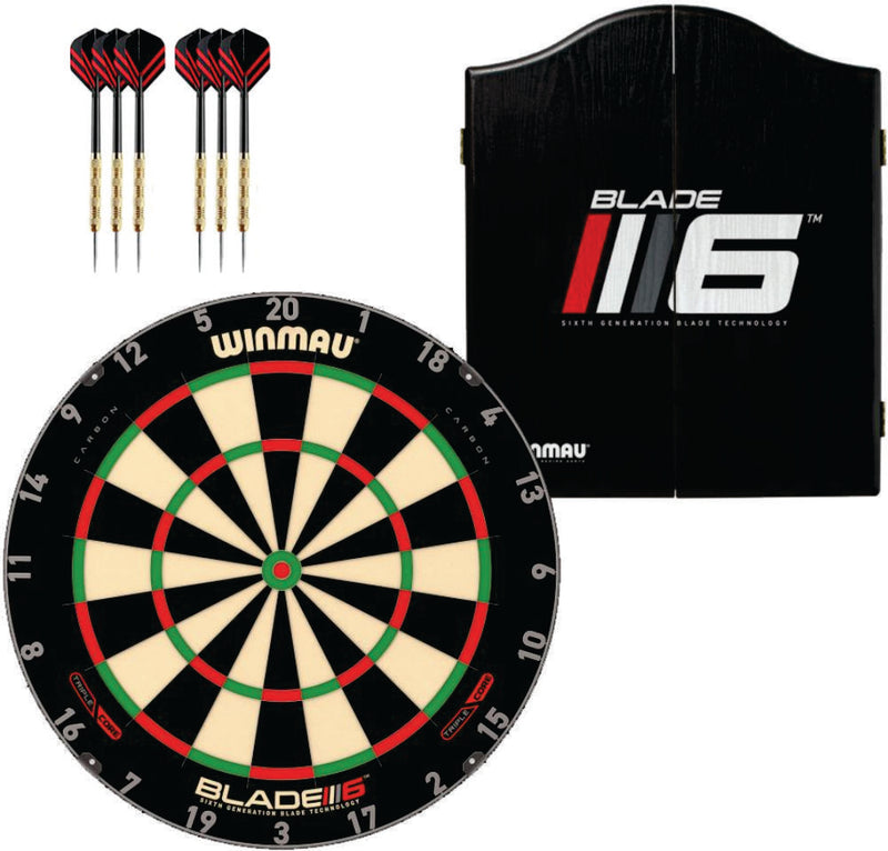 Winmau Blade 6 Triple Core Dartboard plus Winmau Cabinet plus 6 Darts - Choose Cabinet