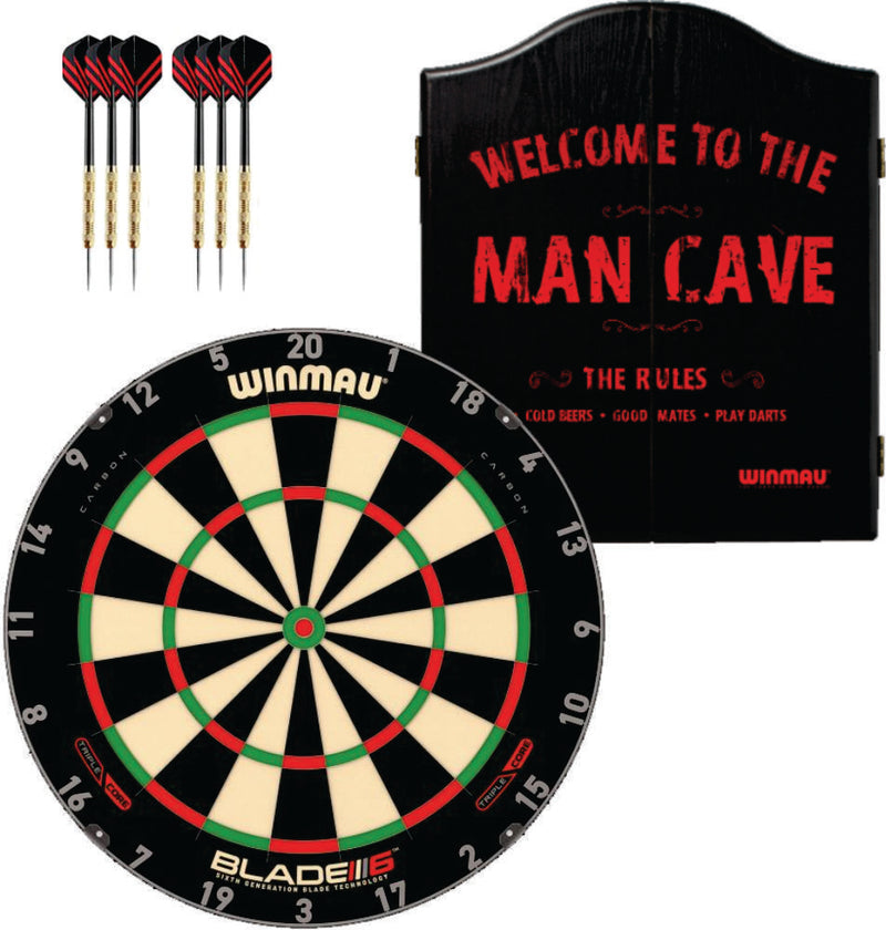 Winmau Blade 6 Triple Core Dartboard plus Winmau Cabinet plus 6 Darts - Choose Cabinet