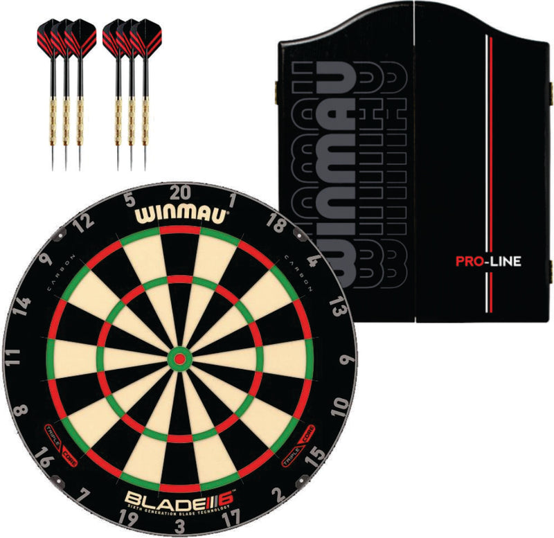 Winmau Blade 6 Triple Core Dartboard plus Winmau Cabinet plus 6 Darts - Choose Cabinet