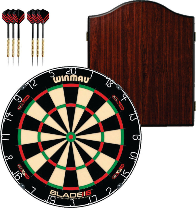 Winmau Blade 6 Triple Core Dartboard plus Winmau Cabinet plus 6 Darts - Choose Cabinet