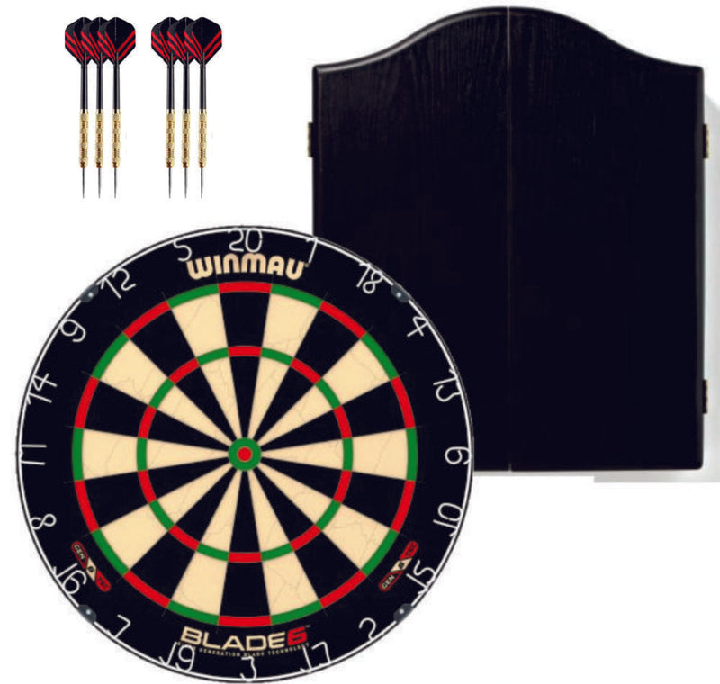 Winmau Blade 6 Dartboard plus Winmau Cabinet plus 6 Darts - Choose Cabinet