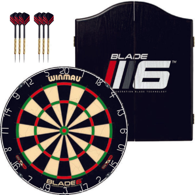 Winmau Blade 6 Dartboard plus Winmau Cabinet plus 6 Darts - Choose Cabinet