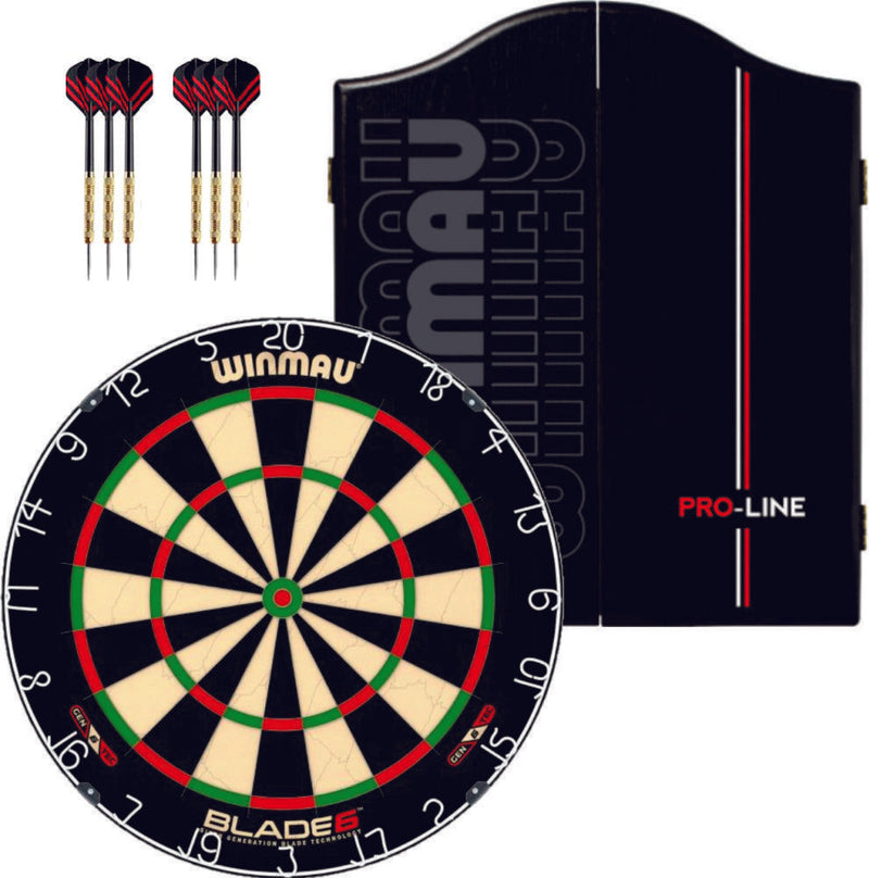 Winmau Blade 6 Dartboard plus Winmau Cabinet plus 6 Darts - Choose Cabinet