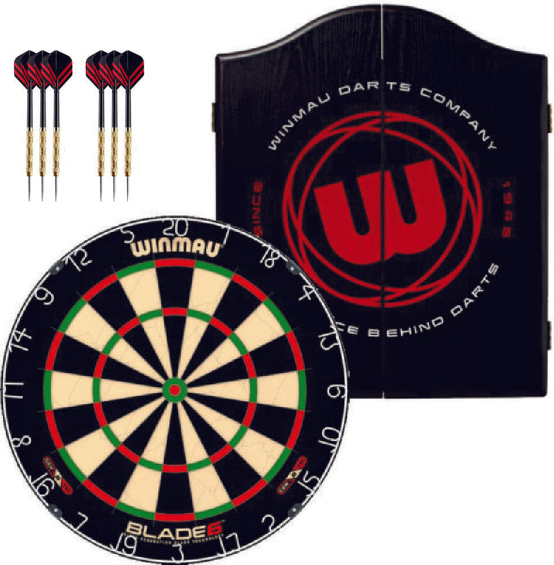 Winmau Blade 6 Dartboard plus Winmau Cabinet plus 6 Darts - Choose Cabinet