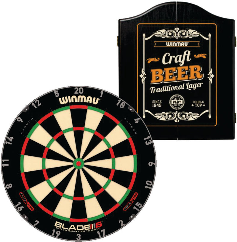 Winmau Blade 6 Triple Core Dartboard plus Winmau Cabinet plus 6 Darts - Choose Cabinet