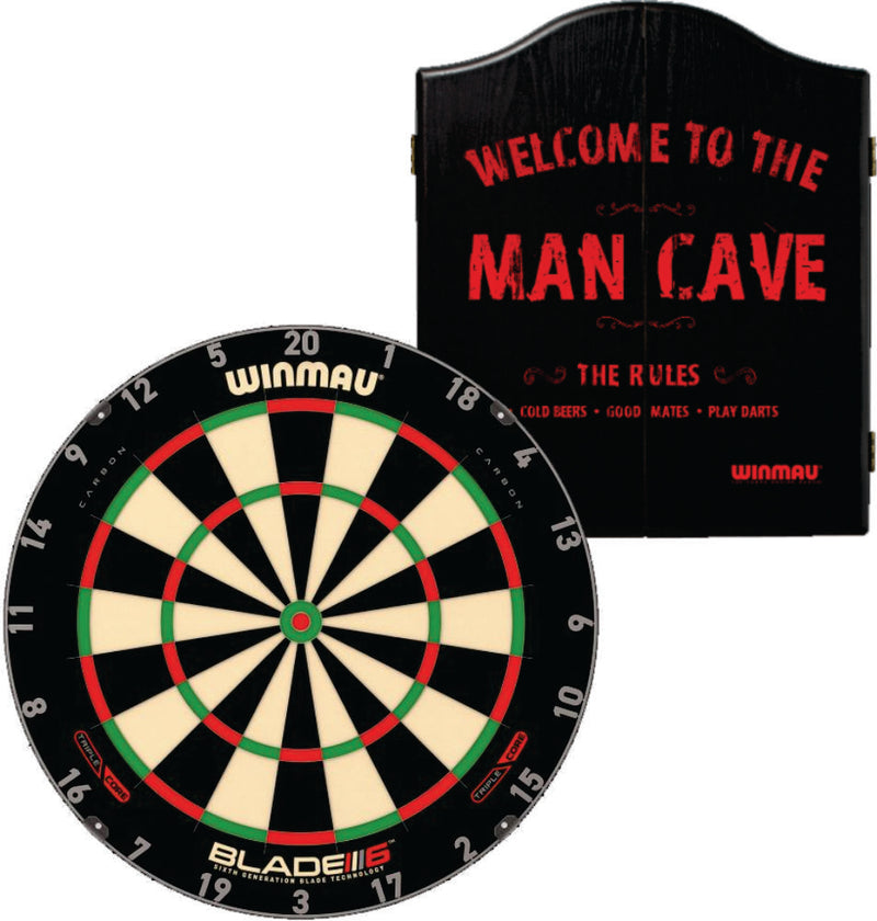 Winmau Blade 6 Triple Core Dartboard plus Winmau Cabinet plus 6 Darts - Choose Cabinet