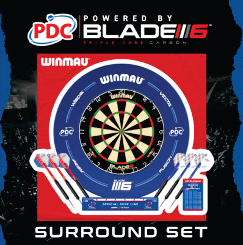 Winmau PDC Dartboard Set, Blade 6 Dartboard + Blue Surround + Darts Kits + Oche Line and Checkout Card