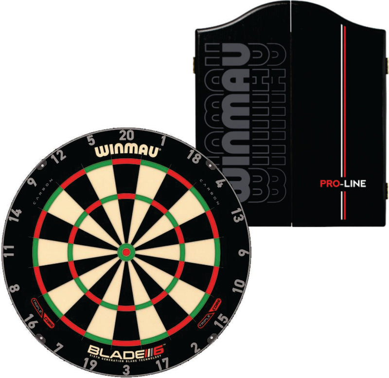 Winmau Blade 6 Triple Core Dartboard plus Winmau Cabinet plus 6 Darts - Choose Cabinet