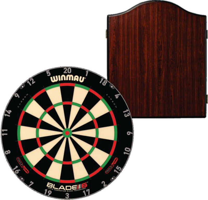 Winmau Blade 6 Triple Core Dartboard plus Winmau Cabinet plus 6 Darts - Choose Cabinet