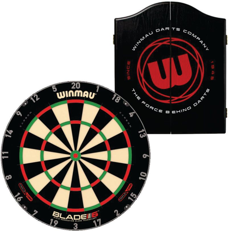 Winmau Blade 6 Triple Core Dartboard plus Winmau Cabinet plus 6 Darts - Choose Cabinet
