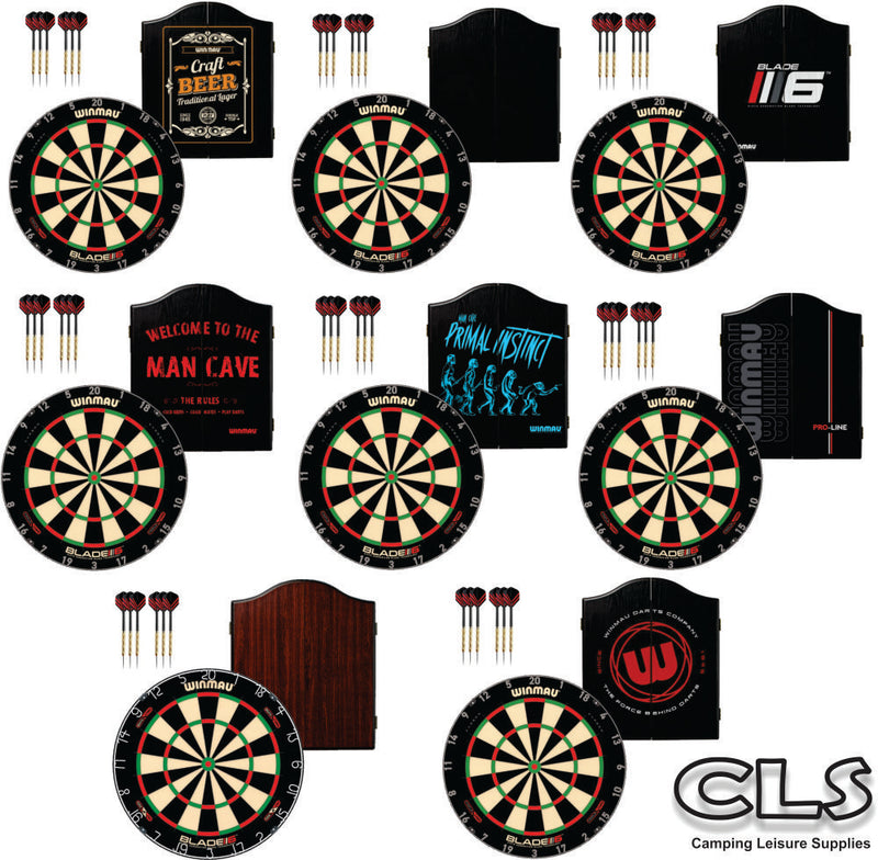 Winmau Blade 6 Triple Core Dartboard plus Winmau Cabinet plus 6 Darts - Choose Cabinet