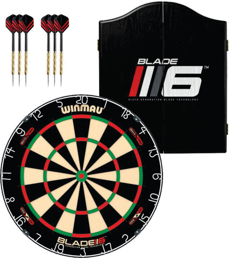 Winmau Blade 6 Dual Dartboard plus Winmau Cabinet plus 6 Darts - Choose Cabinet