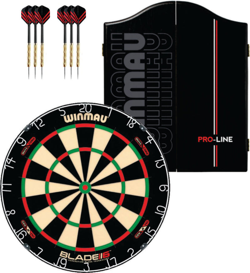 Winmau Blade 6 Dual Dartboard plus Winmau Cabinet plus 6 Darts - Choose Cabinet
