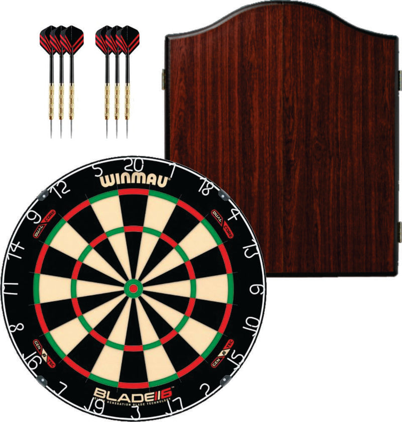Winmau Blade 6 Dual Dartboard plus Winmau Cabinet plus 6 Darts - Choose Cabinet
