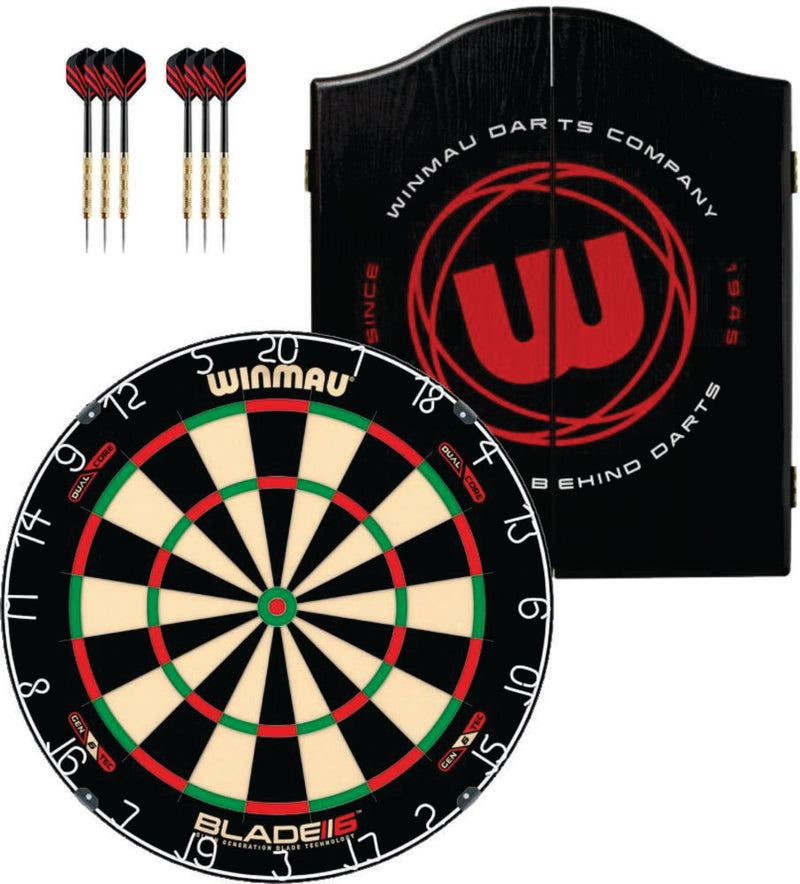 Winmau Blade 6 Dual Dartboard plus Winmau Cabinet plus 6 Darts - Choose Cabinet