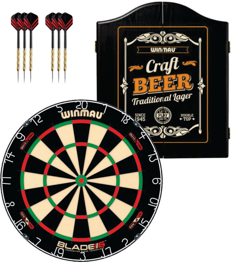 Winmau Blade 6 Dual Dartboard plus Winmau Cabinet plus 6 Darts - Choose Cabinet