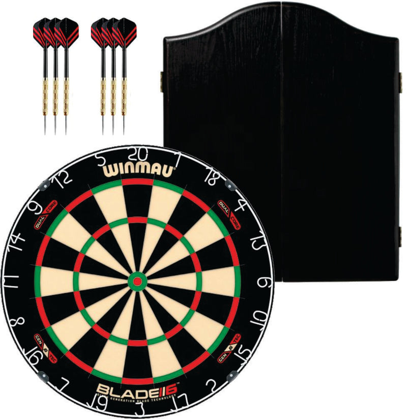 Winmau Blade 6 Dual Dartboard plus Winmau Cabinet plus 6 Darts - Choose Cabinet