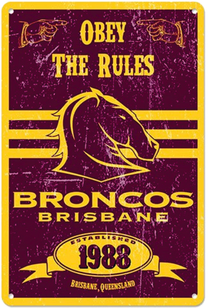 Broncos NRL Retro Metal Sign Tin Wall Sign Obey the Rules Camping Leisure Supplies
