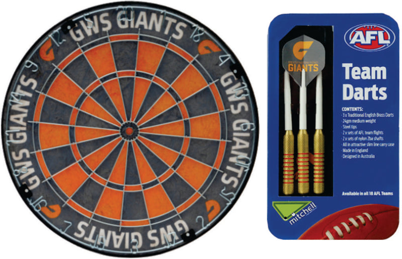 GWS Giants AFL Dartboard with a Set of 3 AFL Brass Darts GWS Giants AFL Dartboard with a Set of 3 AFL Brass Darts Camping Leisure Supplies