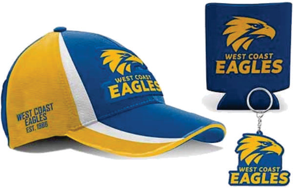 West Coast Eagles AFL Cap Keyring and Can Cooler Pack West Coast Eagles AFL Cap Keyring and Can Cooler Pack Camping Leisure Supplies